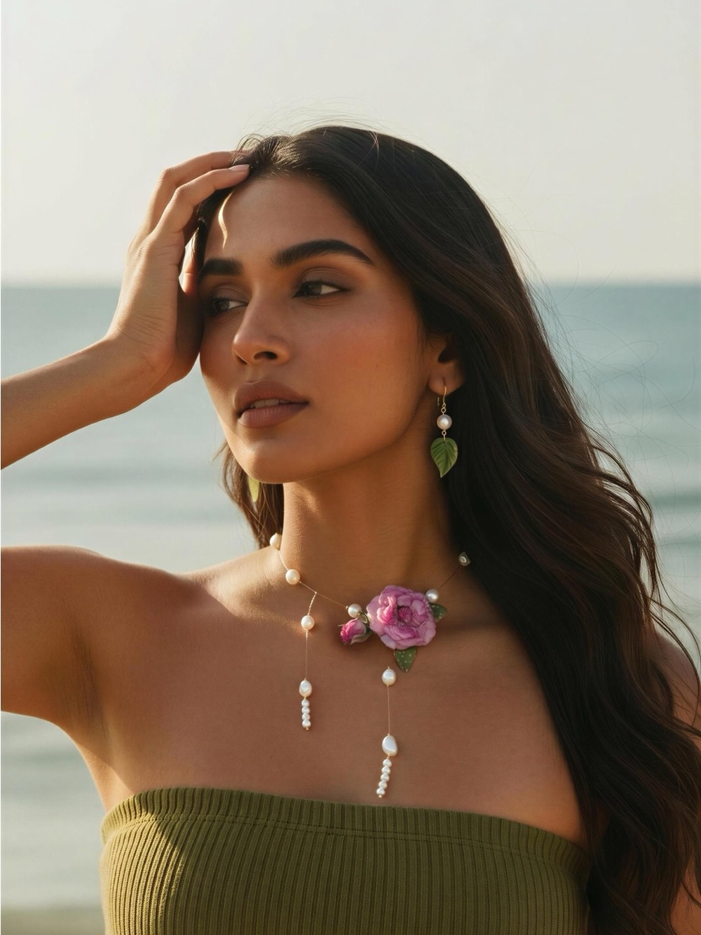 Floral Pearl Drop Necklace & Earring Set – Pink Rose